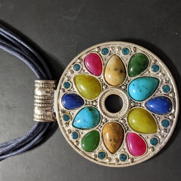 Silver Tone Multi Color Beaded Rhinestone Mandala Pendant Statement Necklace - Picture 2 of 4
